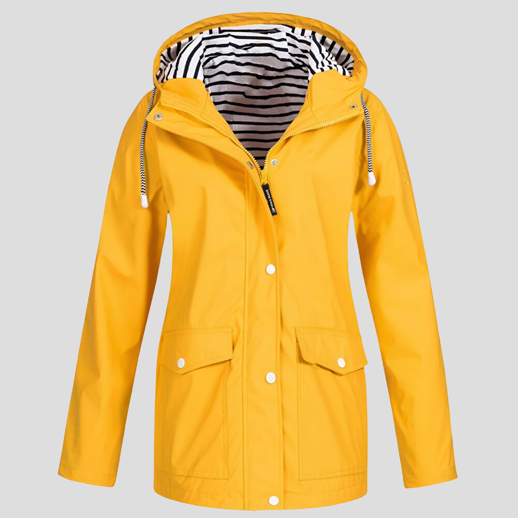 Camille - Wasserfeste Regenjacke mit Windschutz und horizontal gestreiftem Innenfutter in einfarbiger Außenfarbe, mit Taschen