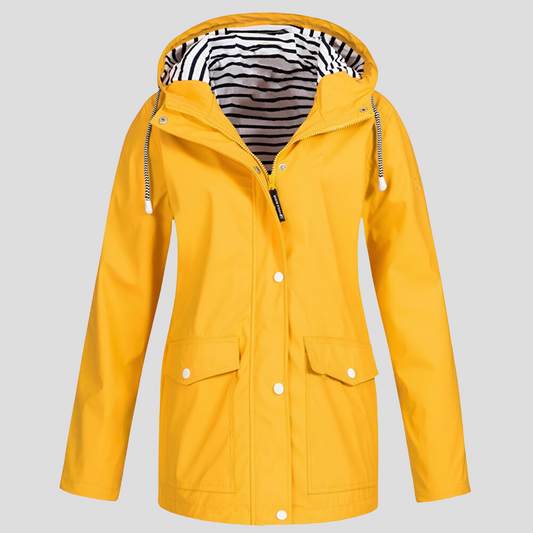 Camille - Wasserfeste Regenjacke mit Windschutz und horizontal gestreiftem Innenfutter in einfarbiger Außenfarbe, mit Taschen