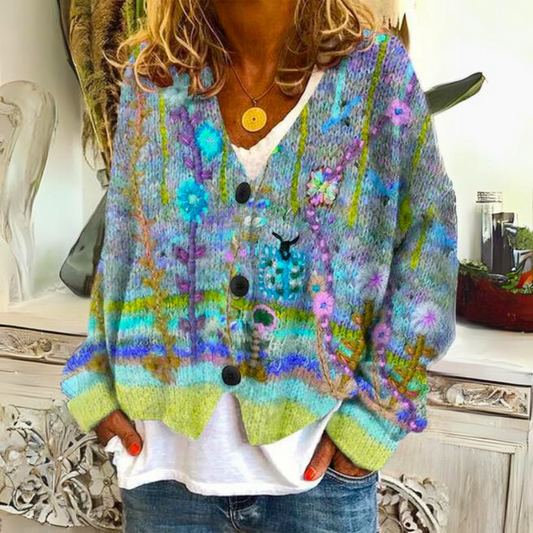 Éloria - Oversize Frühlingsstrickjacke in bunten Farben mit großen Knöpfen und V-Ausschnitt für Frauen