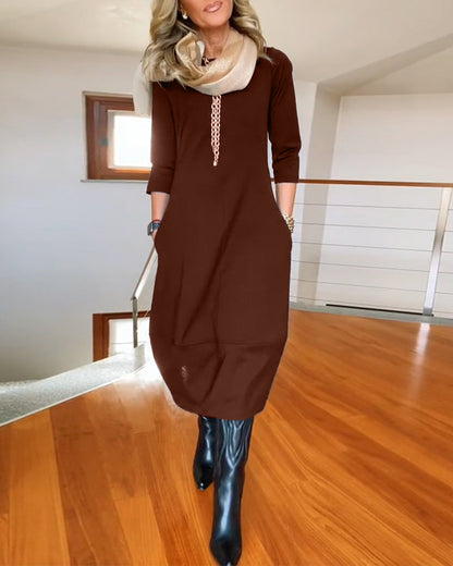 Claire - Elegantes und Bequemes Midi-Kleid mit Bootsausschnitt, 3/4-Ärmeln und Taschen