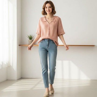 Leichte Sommerbluse Damen mit Kragen – Luftige Kurzarm Bluse aus Leinen-Look