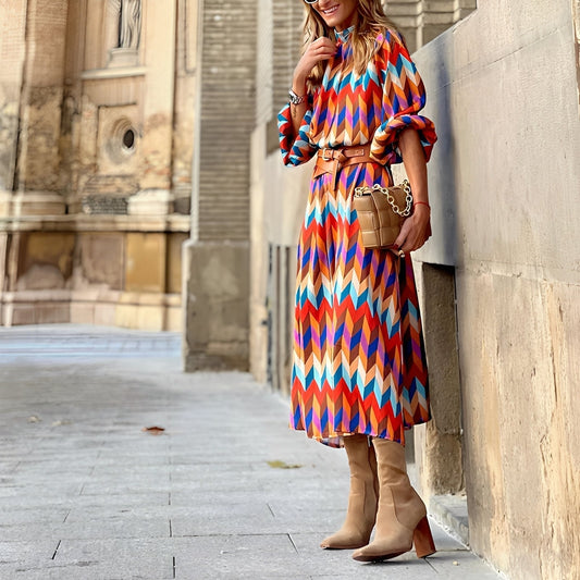Elviane - Lange Frühlings- und Sommerkleid in lebendigen Farben mit Puffärmeln