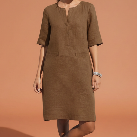 Schlichtes Leinenkleid für Damen – Lockeres Sommerkleid mit Halbarm & V-Ausschnitt