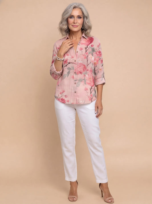 Leichte Damen Bluse mit floralem Print – Luftige Hemdbluse mit Knopfleiste & eleganter Passform
