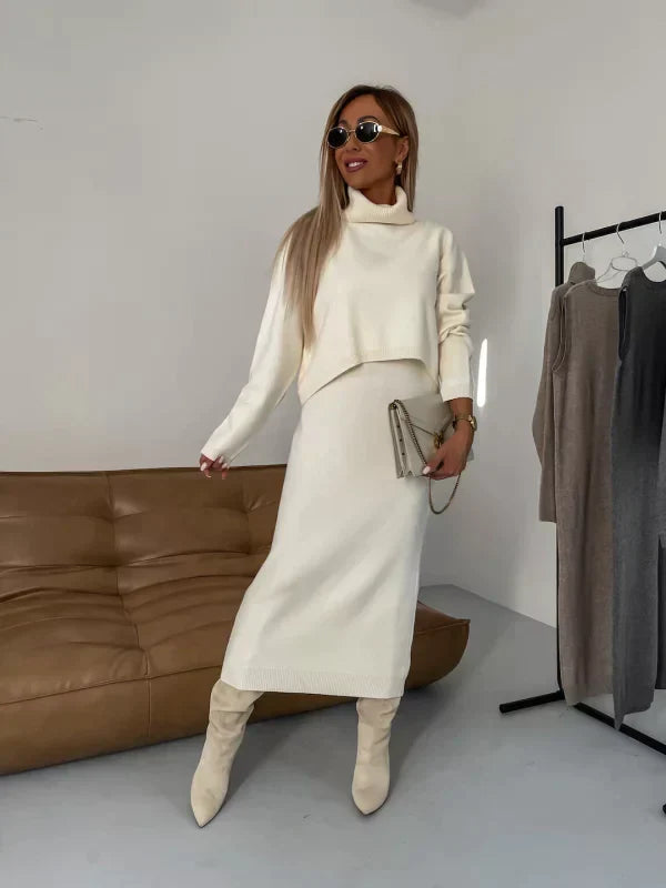 Luna - Elegantes und Weiches Zweiteiliges Ensemble mit Kurzem Rollkragenoberteil und Langer Rock