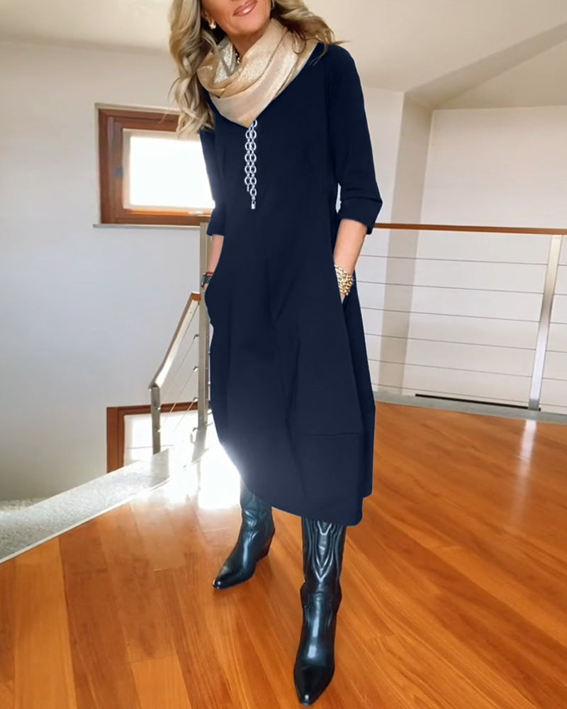 Claire - Elegantes und Bequemes Midi-Kleid mit Bootsausschnitt, 3/4-Ärmeln und Taschen