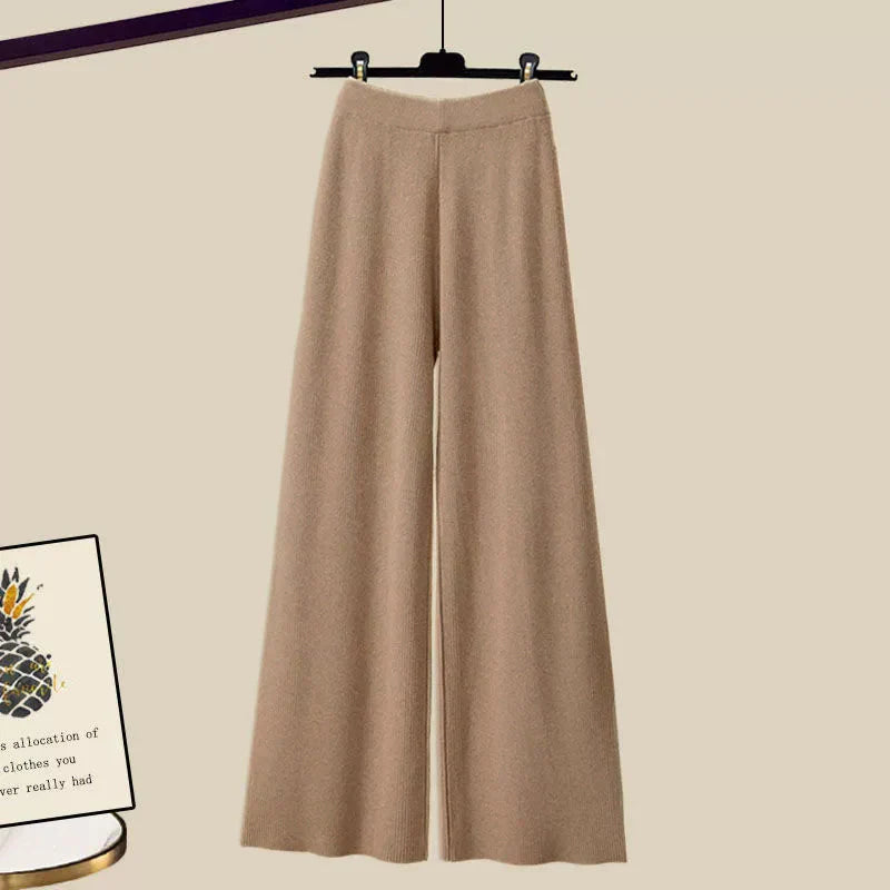 Elegantes 3-teiliges Outfit Set für Damen mit weiter Hose Bluse und modernem Crop Pullover