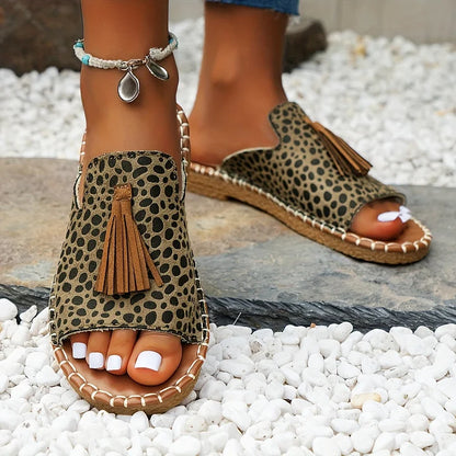 Boho Quasten Sandalen für Damen – Bequeme Sommer Pantoletten mit Ethno-Print