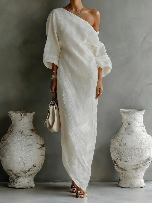 Sabine - Maxikleid Elfenbein mit einem Träger aus Baumwoll-Leinen