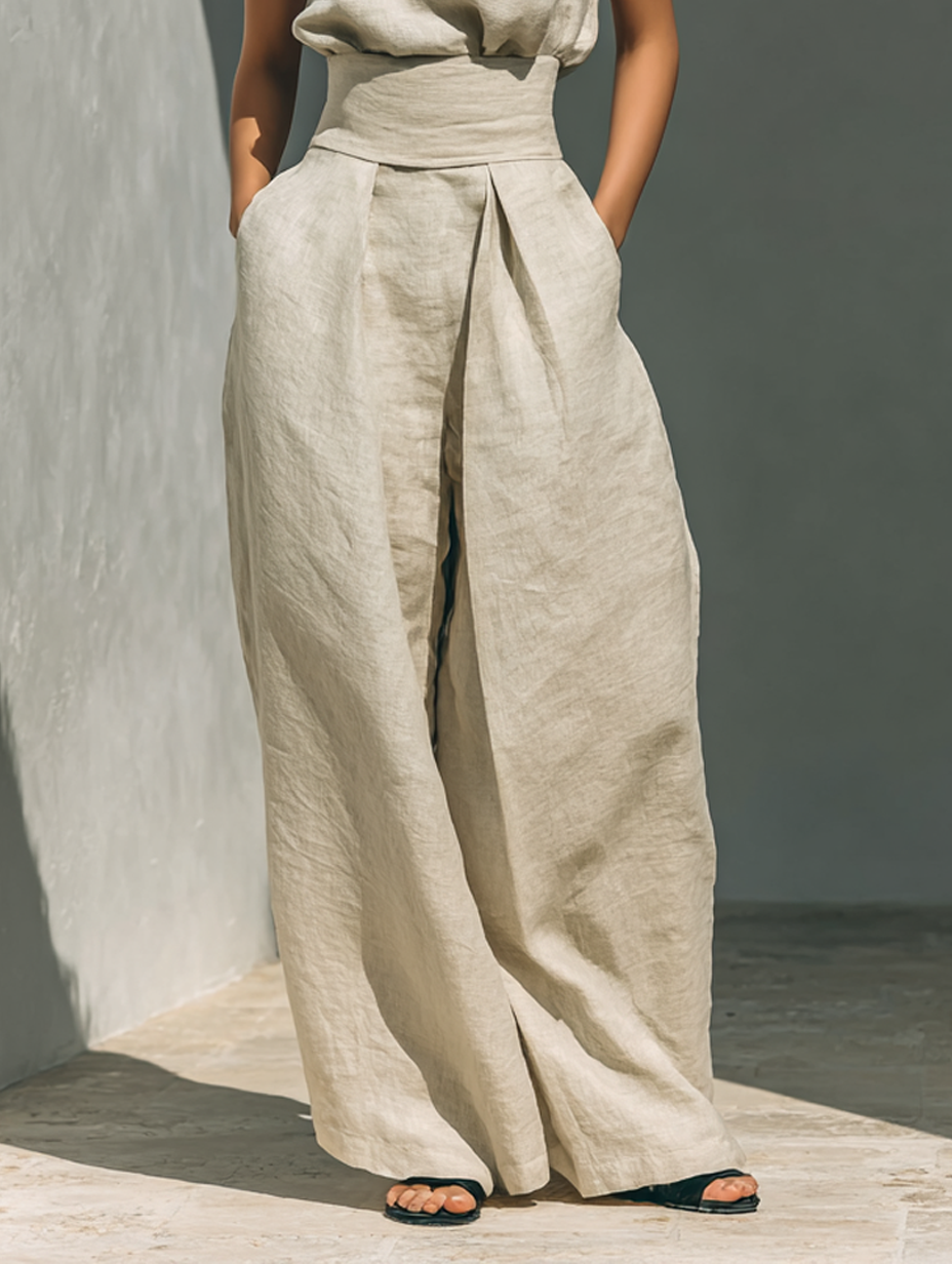 Eleganter Leinen Jumpsuit mit weitem Bein & Stehkragen für Damen – Luftig, Modern & Figurbetont