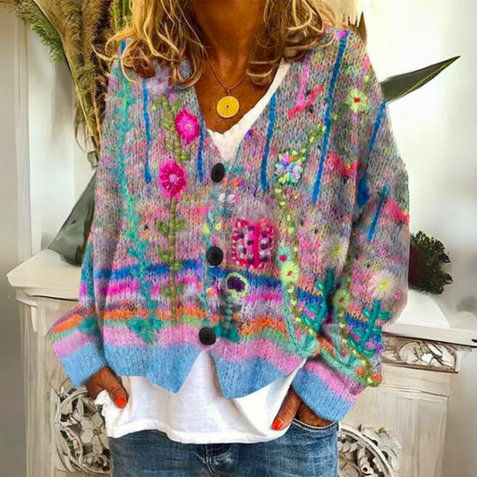 Éloria - Oversize Frühlingsstrickjacke in bunten Farben mit großen Knöpfen und V-Ausschnitt für Frauen