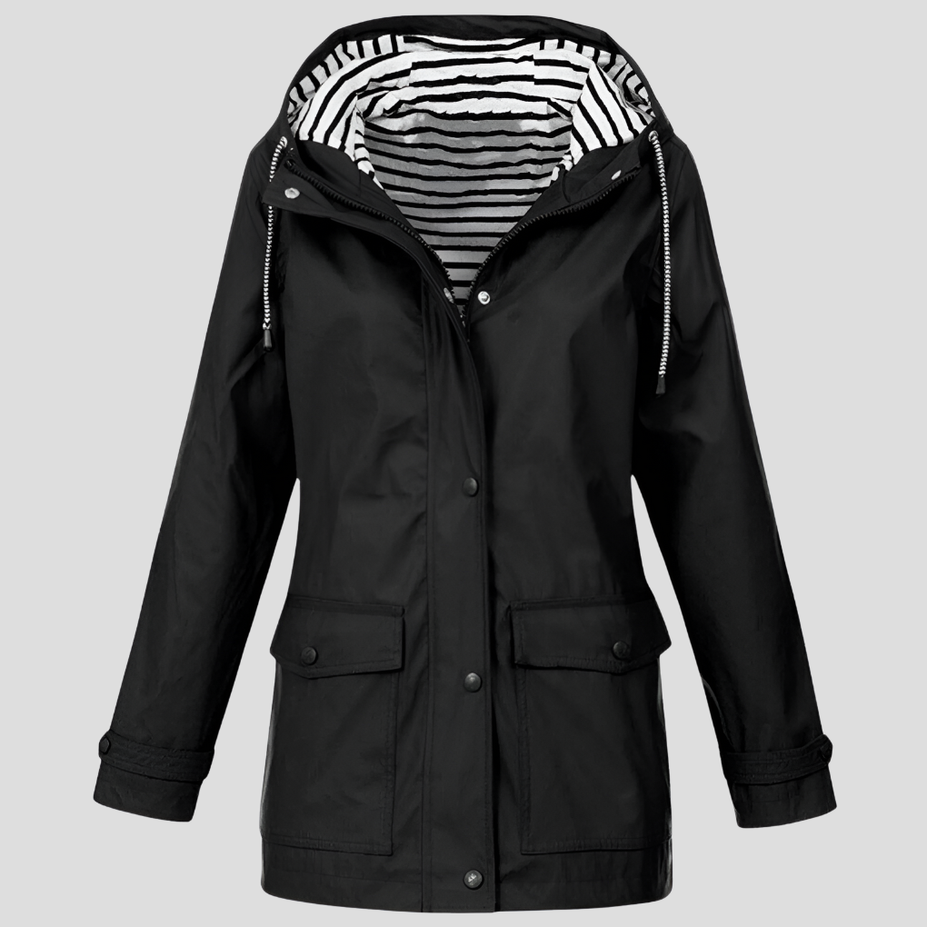 Camille - Wasserfeste Regenjacke mit Windschutz und horizontal gestreiftem Innenfutter in einfarbiger Außenfarbe, mit Taschen