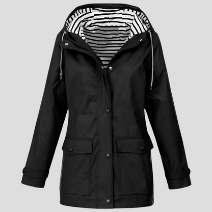 Camille - Wasserfeste Regenjacke mit Windschutz und horizontal gestreiftem Innenfutter in einfarbiger Außenfarbe, mit Taschen