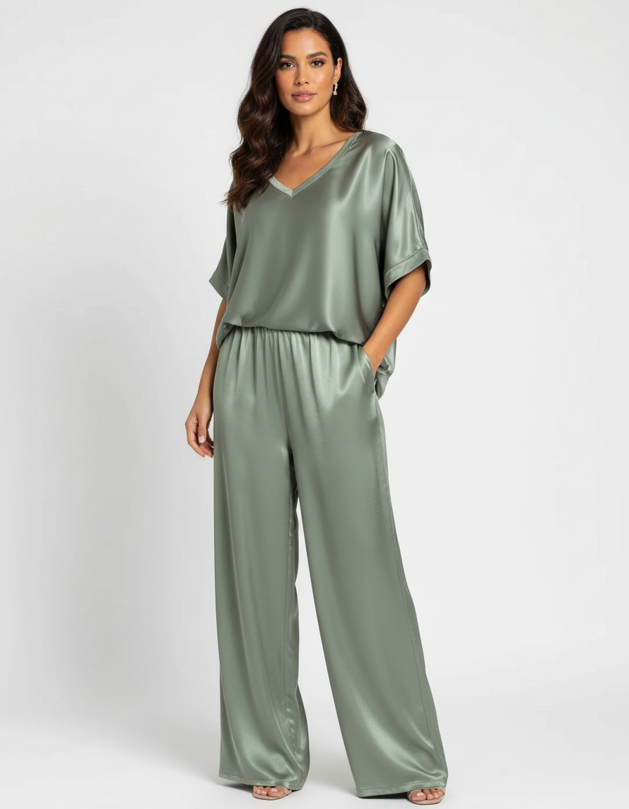 Elegantes Satin Zweiteiler Set mit V-Ausschnitt Bluse für Damen & weit geschnittener Hose – Lockeres Freizeit Outfit