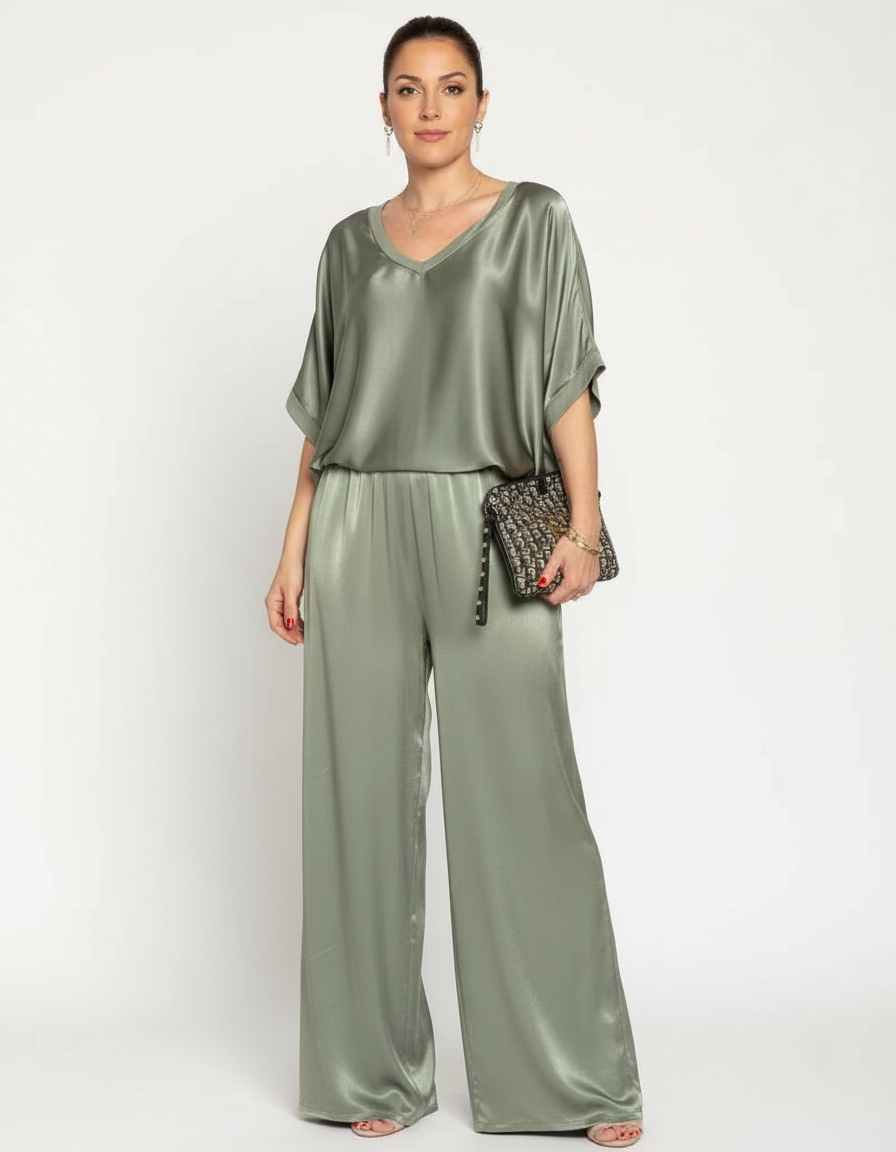 Elegantes Satin Zweiteiler Set mit V-Ausschnitt Bluse für Damen & weit geschnittener Hose – Lockeres Freizeit Outfit
