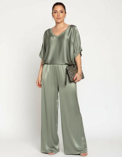 Elegantes Satin Zweiteiler Set mit V-Ausschnitt Bluse für Damen & weit geschnittener Hose – Lockeres Freizeit Outfit