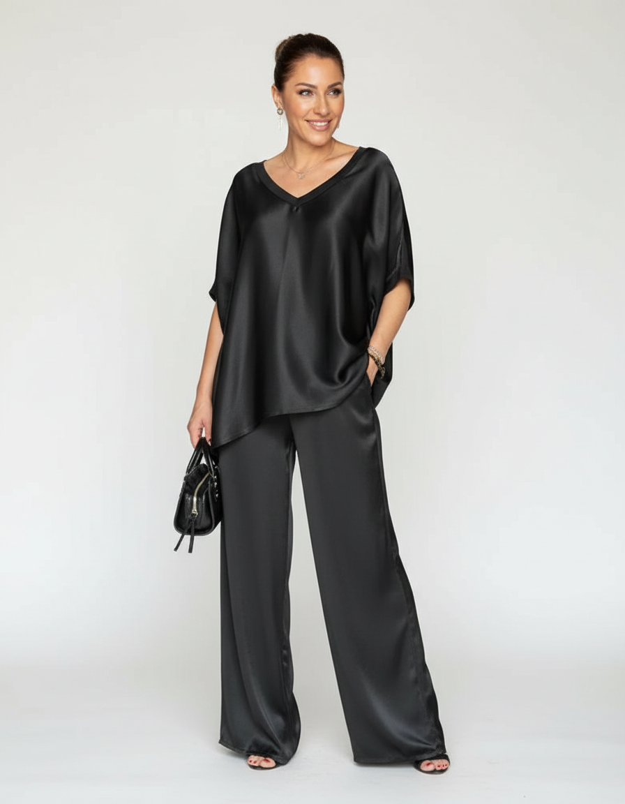 Elegantes Satin Zweiteiler Set mit V-Ausschnitt Bluse für Damen & weit geschnittener Hose – Lockeres Freizeit Outfit