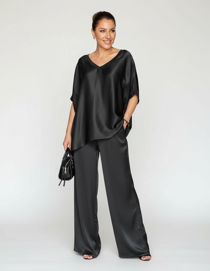 Elegantes Satin Zweiteiler Set mit V-Ausschnitt Bluse für Damen & weit geschnittener Hose – Lockeres Freizeit Outfit