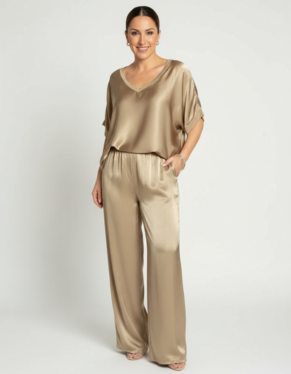 Elegantes Satin Zweiteiler Set mit V-Ausschnitt Bluse für Damen & weit geschnittener Hose – Lockeres Freizeit Outfit
