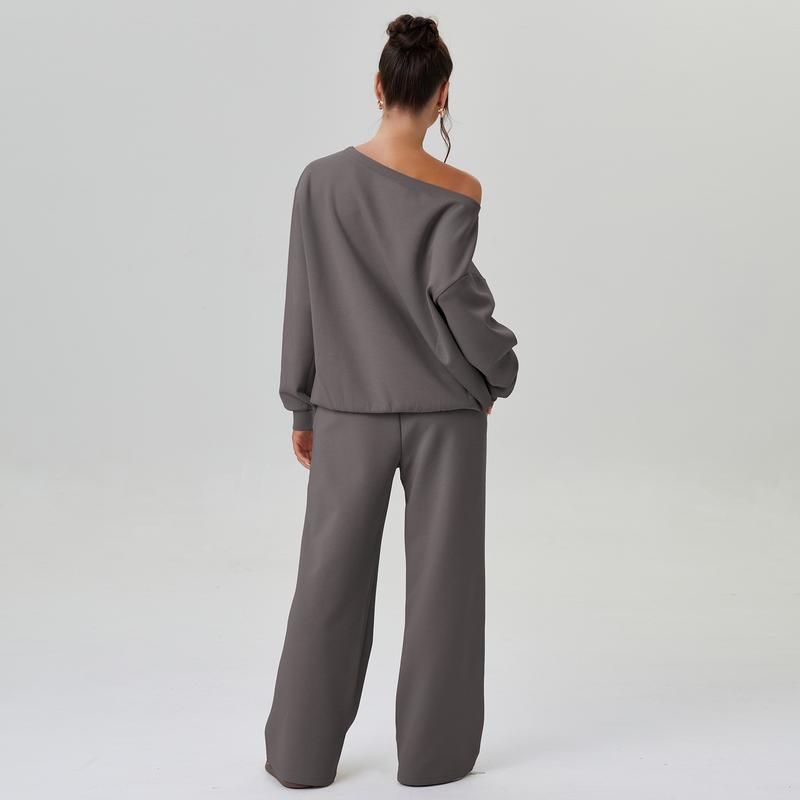 Lässiges Damen Lounge Set mit One-Shoulder Sweatshirt – Bequemer Zweiteiler mit weiter Hose