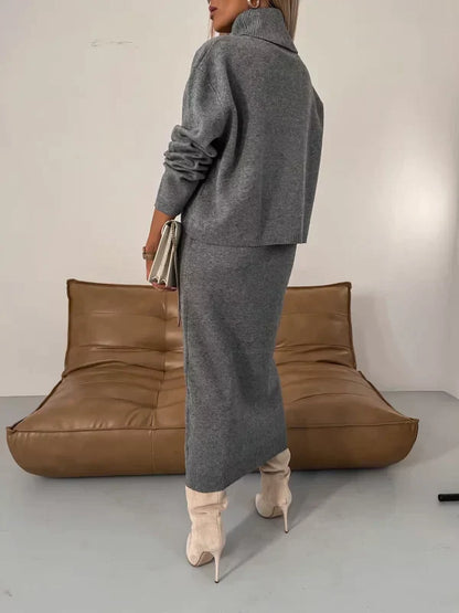 Luna - Elegantes und Weiches Zweiteiliges Ensemble mit Kurzem Rollkragenoberteil und Langer Rock