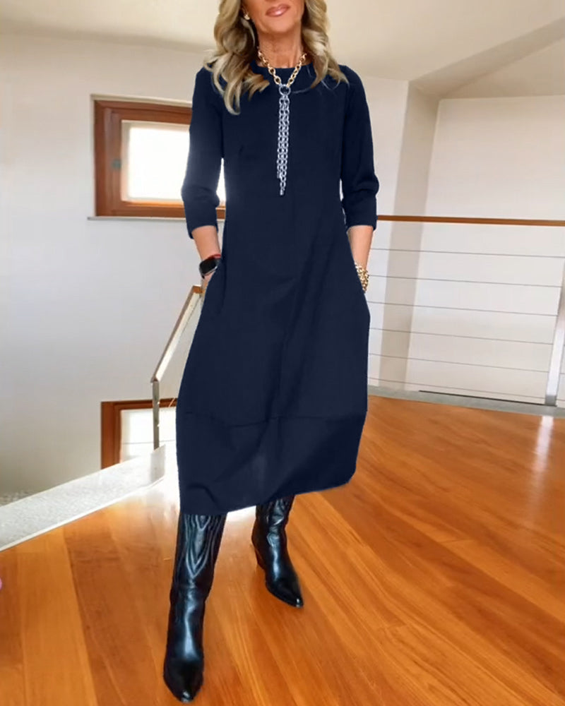 Claire - Elegantes und Bequemes Midi-Kleid mit Bootsausschnitt, 3/4-Ärmeln und Taschen