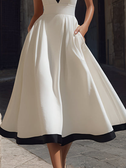 Adorine - Elegantes Midi-Kleid mit V-Ausschnitt, A-Linie, Kontrastbesatz und Taschen