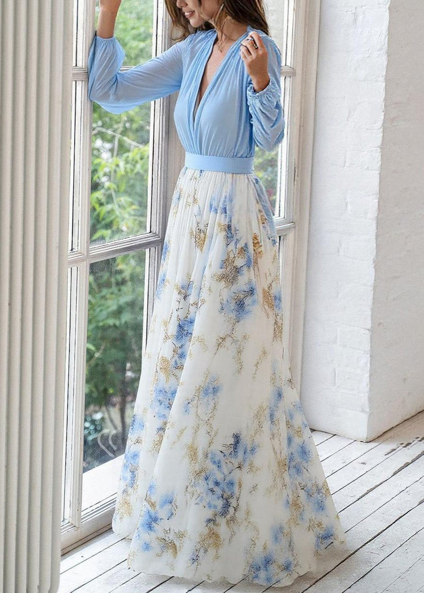 Elegantes Maxikleid mit Blumenprint für Damen – Fließendes Chiffonkleid mit Tiefem V-Ausschnitt