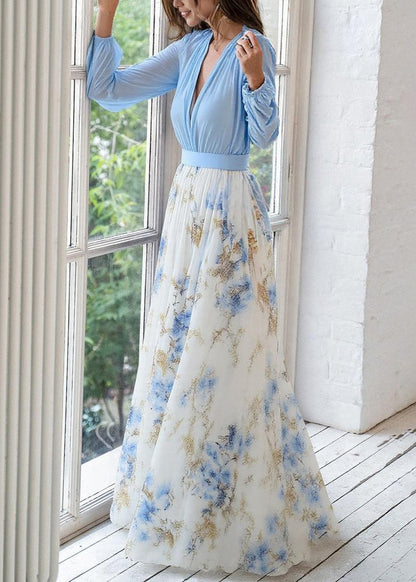 Elegantes Maxikleid mit Blumenprint für Damen – Fließendes Chiffonkleid mit Tiefem V-Ausschnitt