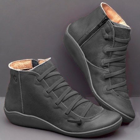 Orthopädische Leder Stiefeletten für Damen – Bequeme Schnürboots mit Reißverschluss & Breiter Zehenbox