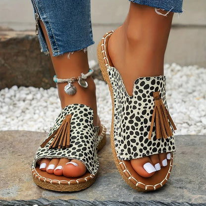 Boho Quasten Sandalen für Damen – Bequeme Sommer Pantoletten mit Ethno-Print