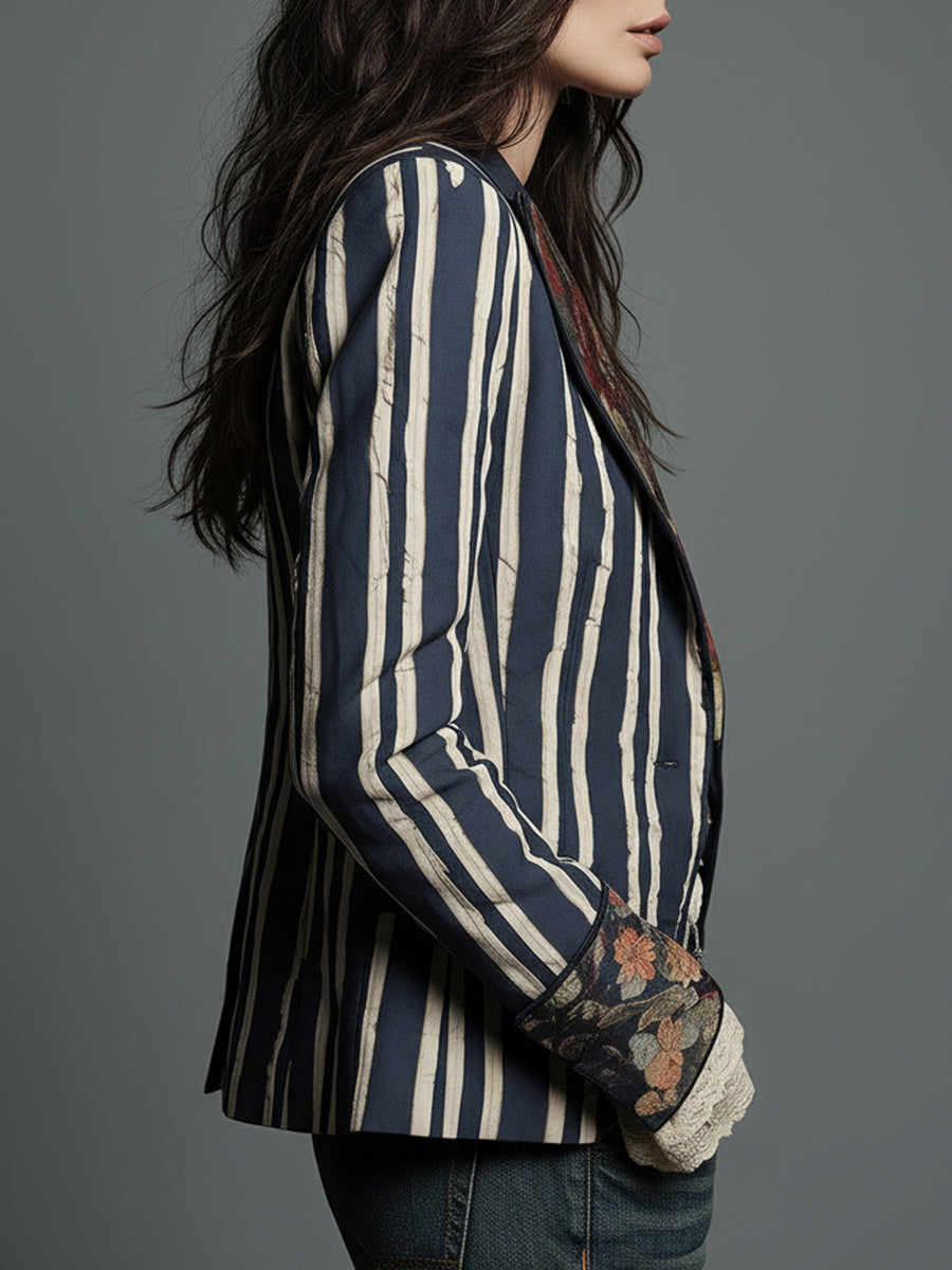 Oréliane - Vintage Ajustierter Blazer im Boho-Chic mit Blumen und Streifen für Frauen