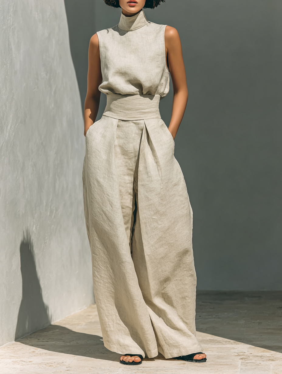Eleganter Leinen Jumpsuit mit weitem Bein & Stehkragen für Damen – Luftig, Modern & Figurbetont