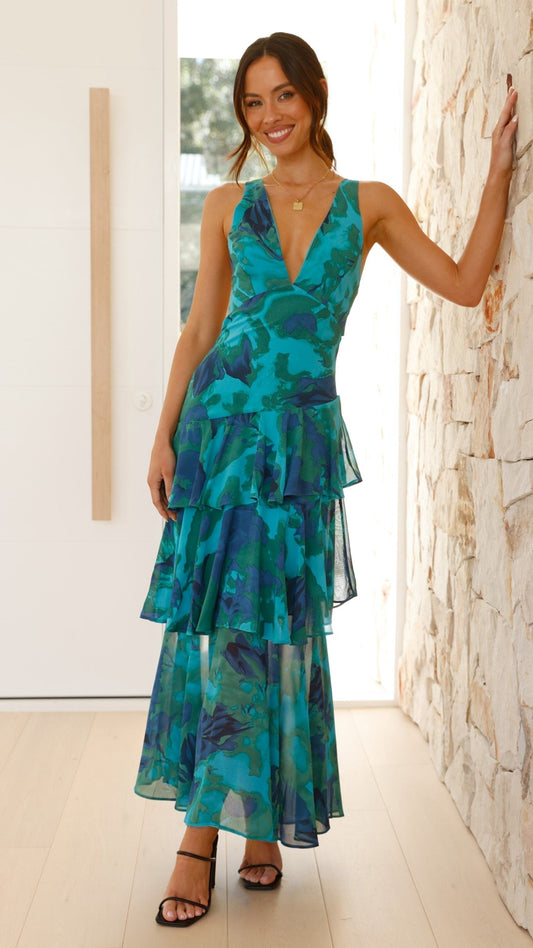 Fließendes Maxi Kleid mit Volants & tiefem V-Ausschnitt für Damen – Elegantes Sommerkleid mit Rücken-Detail