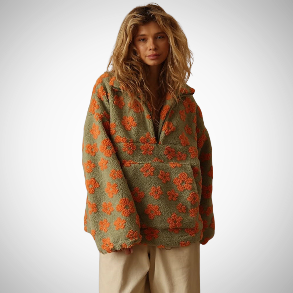 Noély - Teddy-Pullover mit floralem Print für Damen, weich, Frühling, mit Reißverschlusskragen und Taschen