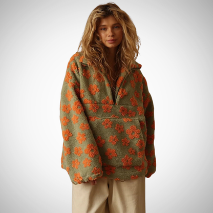 Noély - Teddy-Pullover mit floralem Print für Damen, weich, Frühling, mit Reißverschlusskragen und Taschen