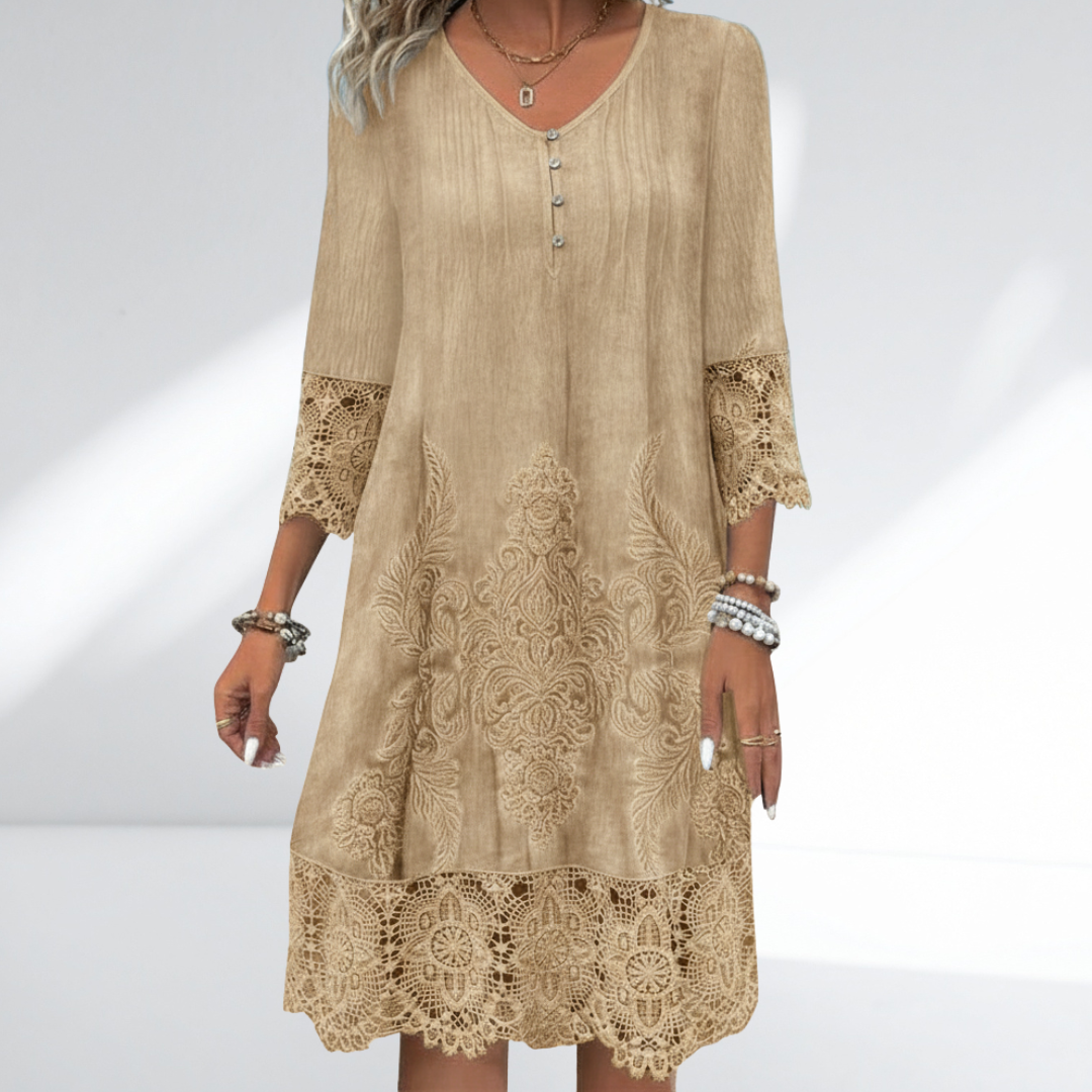 Elegantes Midikleid mit Spitze für Damen – Lockeres Sommerkleid mit V-Ausschnitt & Ornament-Design