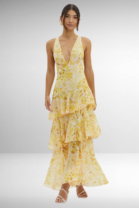 Fließendes Maxi Kleid mit Volants & tiefem V-Ausschnitt für Damen – Elegantes Sommerkleid mit Rücken-Detail