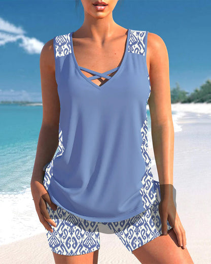 Strand Zweiteiler für Damen – Ärmelloses Tankini Set mit Ethno-Muster & Komfort Shorts