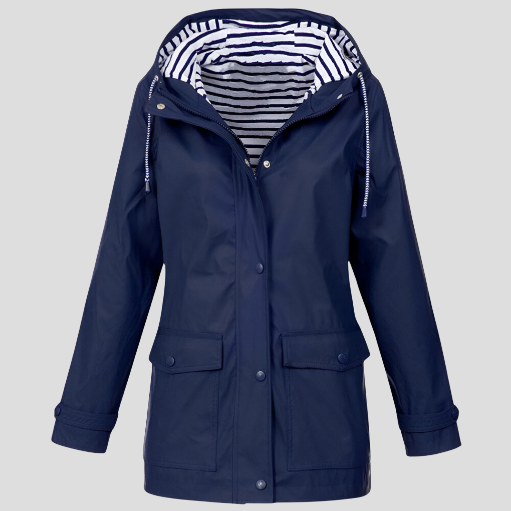 Camille - Wasserfeste Regenjacke mit Windschutz und horizontal gestreiftem Innenfutter in einfarbiger Außenfarbe, mit Taschen