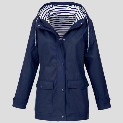 Camille - Wasserfeste Regenjacke mit Windschutz und horizontal gestreiftem Innenfutter in einfarbiger Außenfarbe, mit Taschen