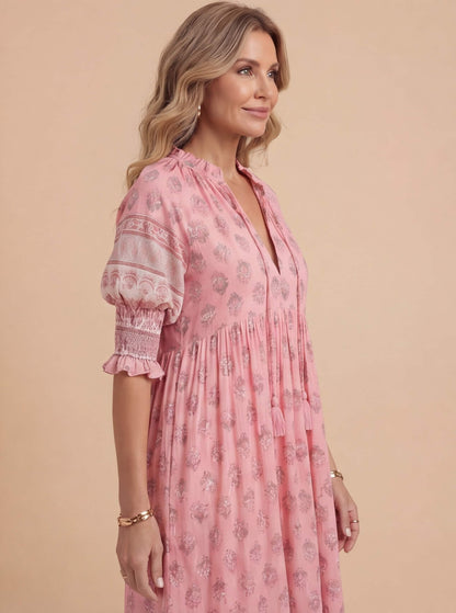 Boho Midikleid mit Print für Damen – Luftiges Sommerkleid mit V-Ausschnitt & Volant-Details
