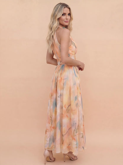 Elegantes Maxikleid für Damen – Luftiges Sommerkleid mit Halterneck & fließendem Fall
