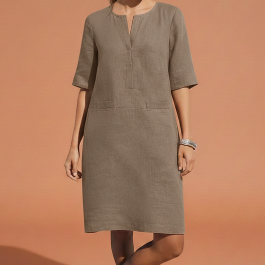 Schlichtes Leinenkleid für Damen – Lockeres Sommerkleid mit Halbarm & V-Ausschnitt