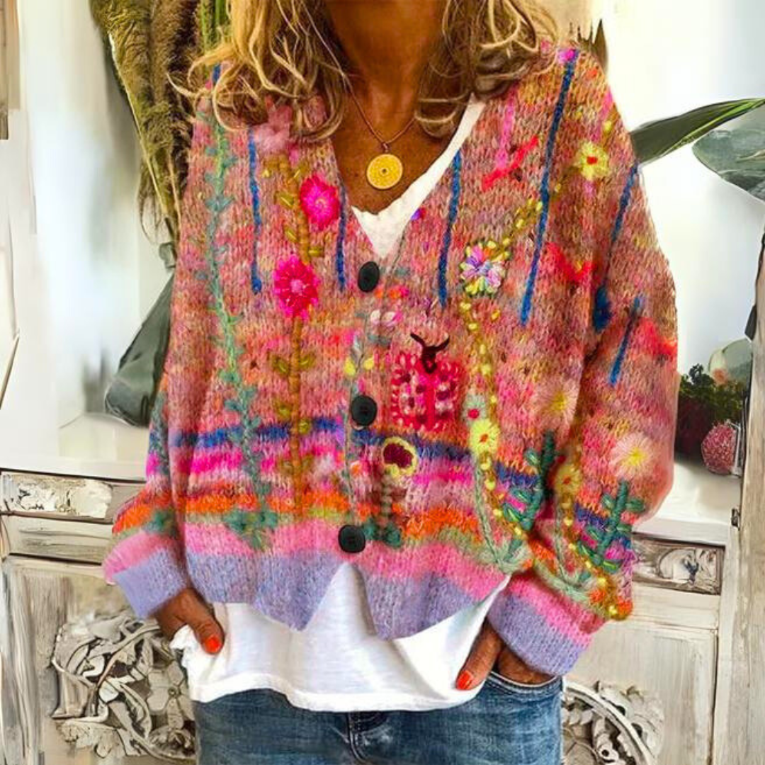 Boho Strickjacke Damen mit buntem Blumenmuster – Weiche V-Ausschnitt Cardigan für stilvolle Alltagslooks