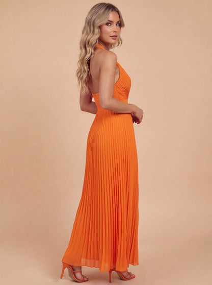 Elegantes Maxikleid für Damen – Plissiertes Abendkleid mit Neckholder & tiefem V-Ausschnitt