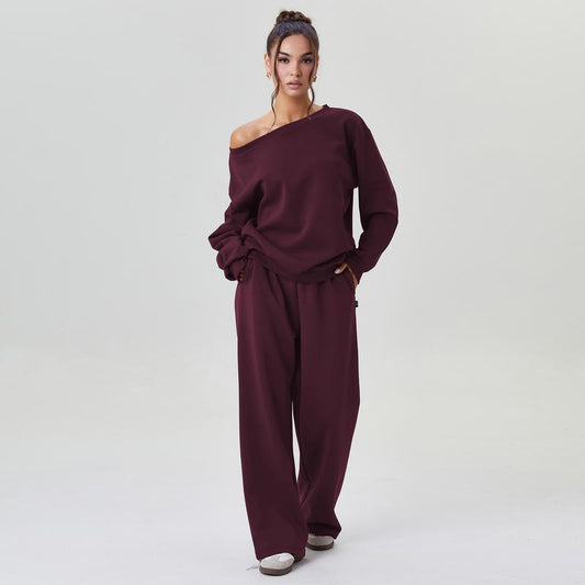 Lässiges Damen Lounge Set mit One-Shoulder Sweatshirt – Bequemer Zweiteiler mit weiter Hose
