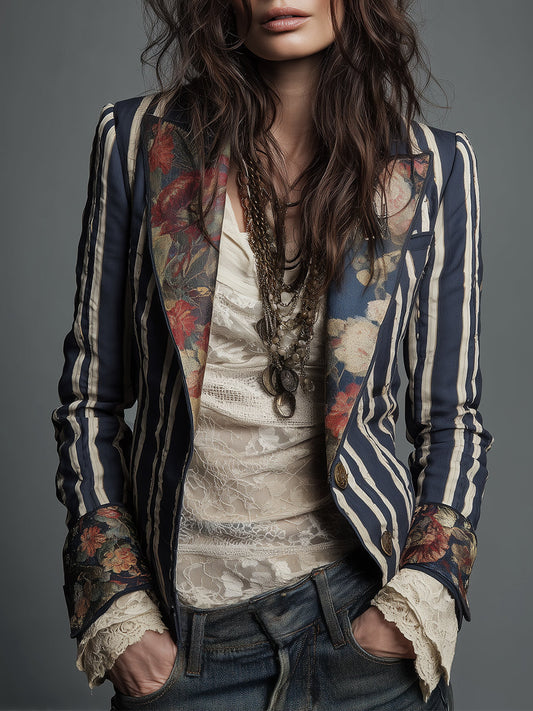 Oréliane - Vintage Ajustierter Blazer im Boho-Chic mit Blumen und Streifen für Frauen