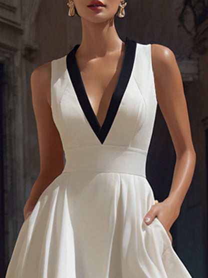 Adorine - Elegantes Midi-Kleid mit V-Ausschnitt, A-Linie, Kontrastbesatz und Taschen