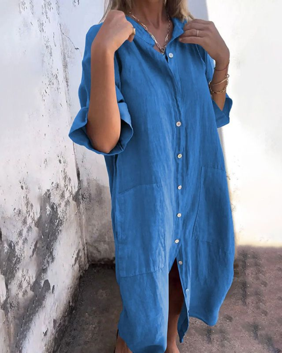 Lässiges Hemdblusenkleid mit Knopfleiste für Damen – Lockeres Leinenkleid mit Taschen & Oversize-Schnitt
